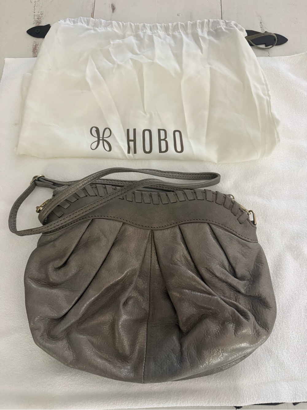 HOBO Gray Leather Hobo Shoulder Bag with Pleated Front